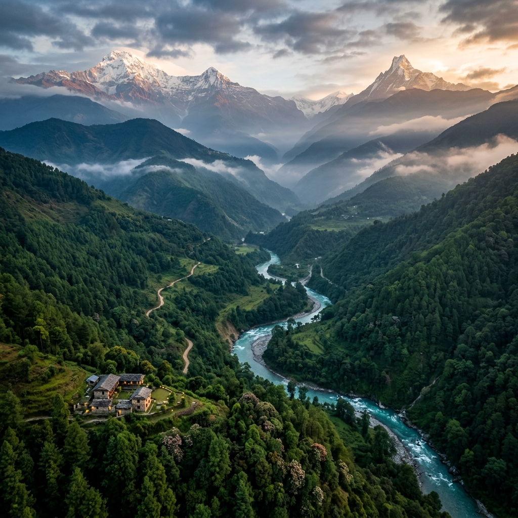 Khairpur Valley aerial view with resort and river