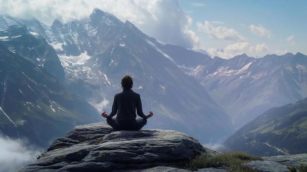 Person meditating in mountains